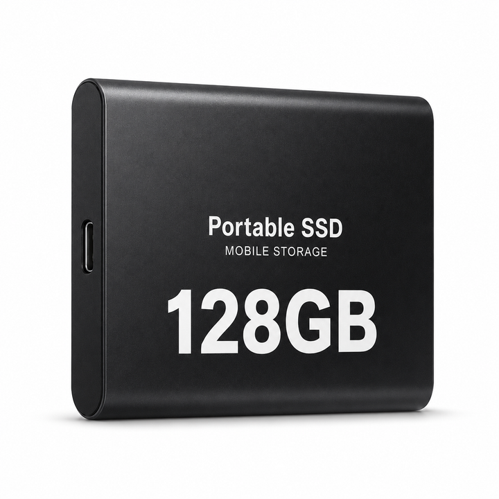 SSD externe compact et robuste 128 Go en aluminium brossé, pour un stockage rapide et sécurisé de vos fichiers.