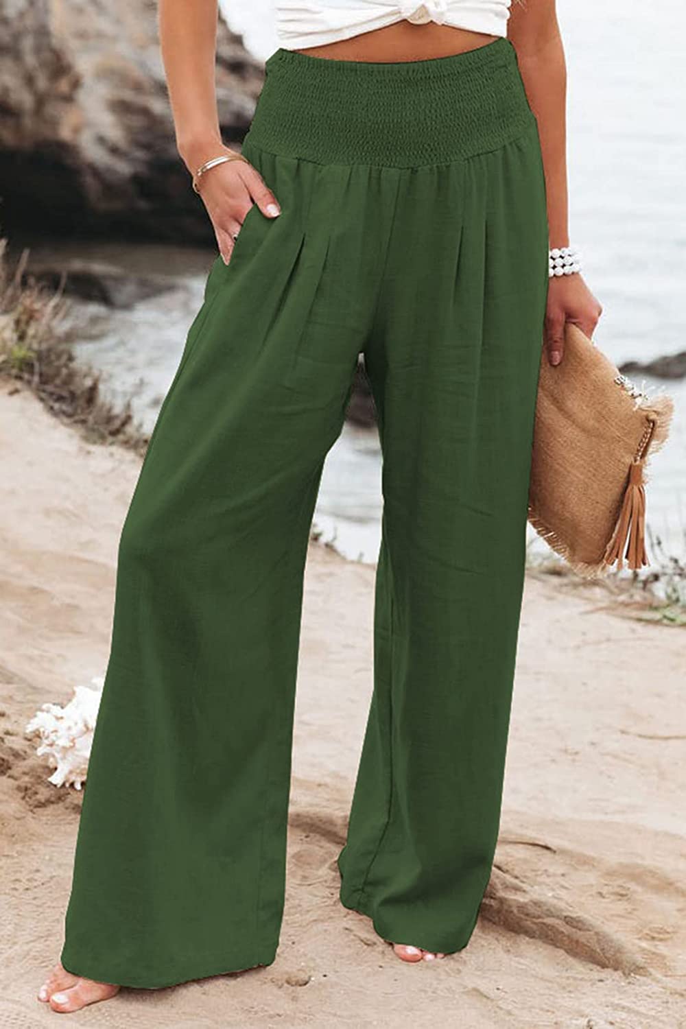 Palazzo fluide femme gris clair, taille élastique, jambes larges, confortable pour la saison chaude.