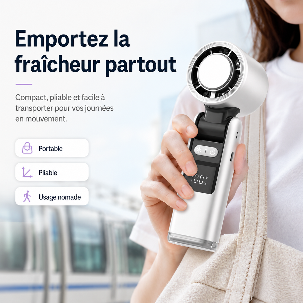 Ventilateur silencieux et compact, rechargeable USB, parfait pour voyager et rester au frais.
