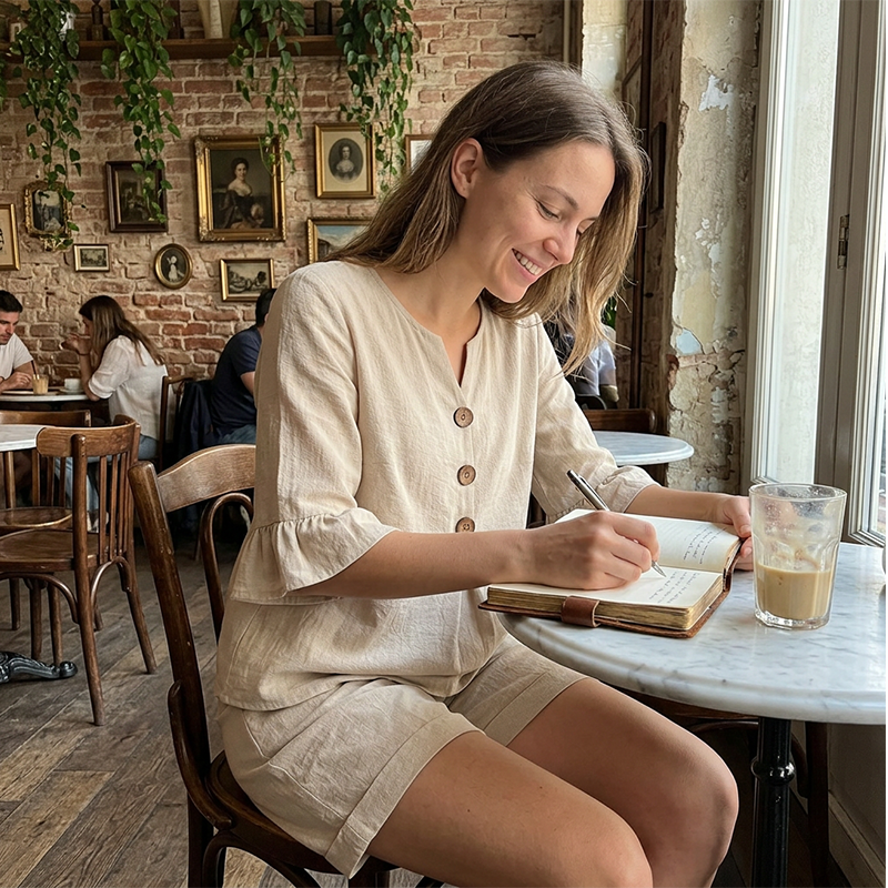 Mode femme printemps été : ensemble short et blouse à manches volants, tenue élégante.