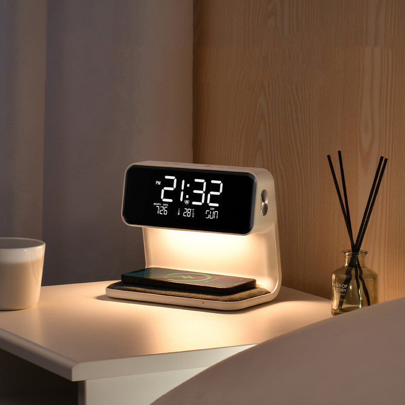 Chargeur sans fil intégré à la lampe de chevet, compatible smartphones, pour une charge facile et rapide.