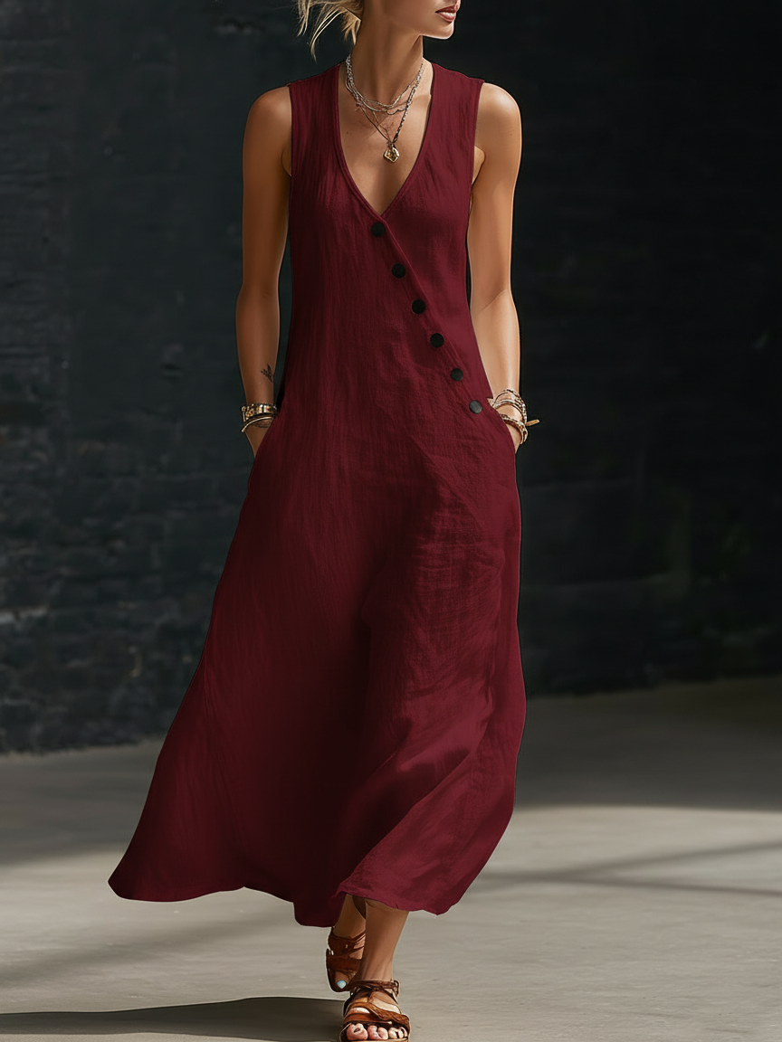 Robe maxi fluide et confortable pour le printemps-été, style minimaliste, col V, boutons.