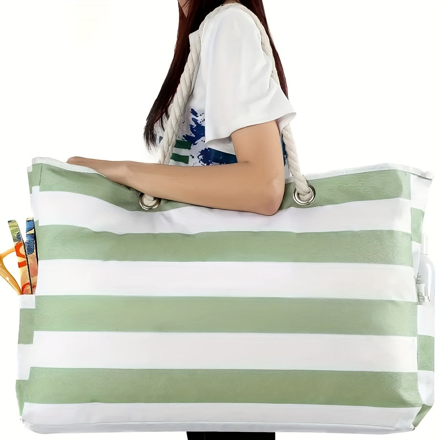 Sac femme à rayures multicolores, grand cabas de plage pratique et tendance.
