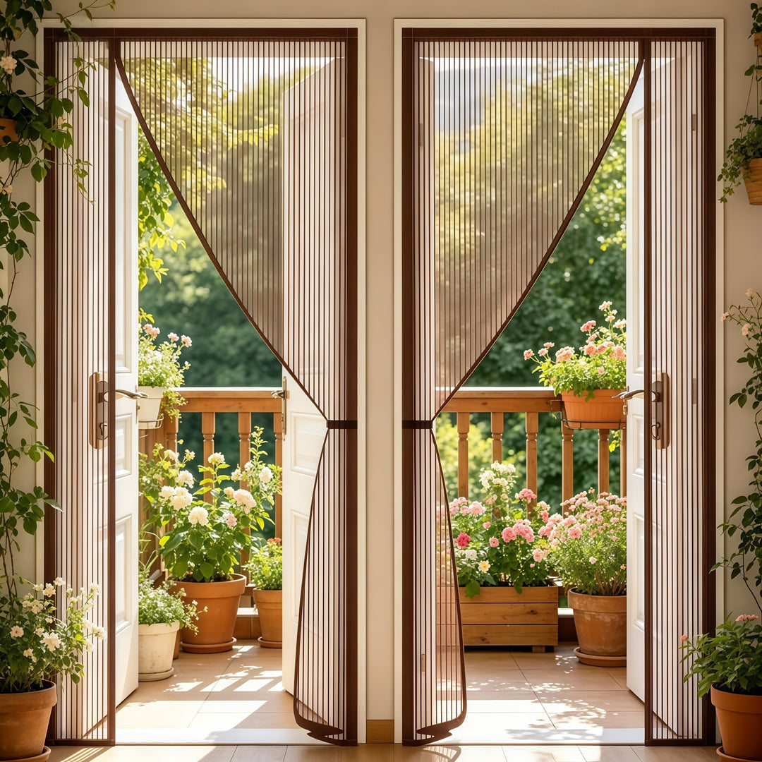 Moustiquaire de porte magnétique grise, installation facile sans perçage. Idéale pour ventilation estivale maison.