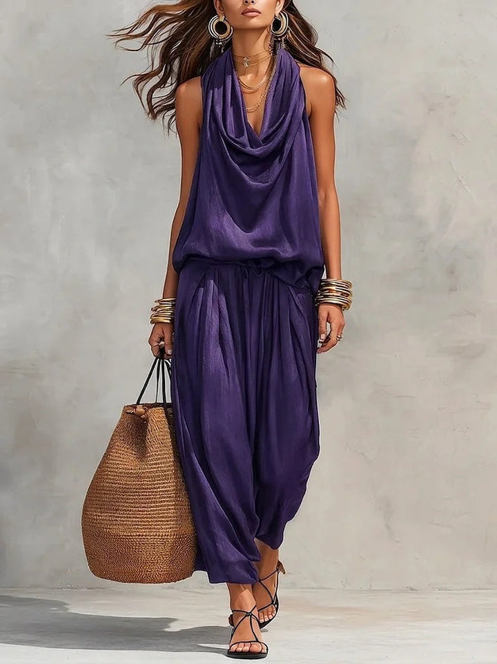 Ensemble deux pièces femme fluide: top drapé et pantalon ample élégant. Mode confortable pour toute occasion.
