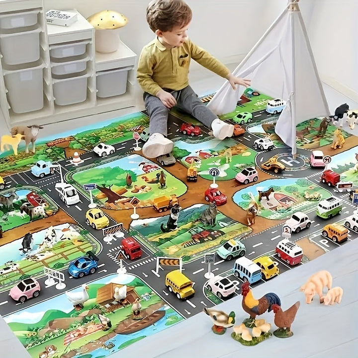 Tapis de jeu DuoPlay enfant réversible ferme/circulation. Polyester lavable, stimule l'imagination et le jeu de rôle.