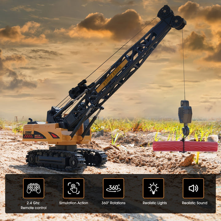 Enfant jouant avec la grue de chantier télécommandée MegaLift RC 360°, lumières actives, stimule l'imagination.