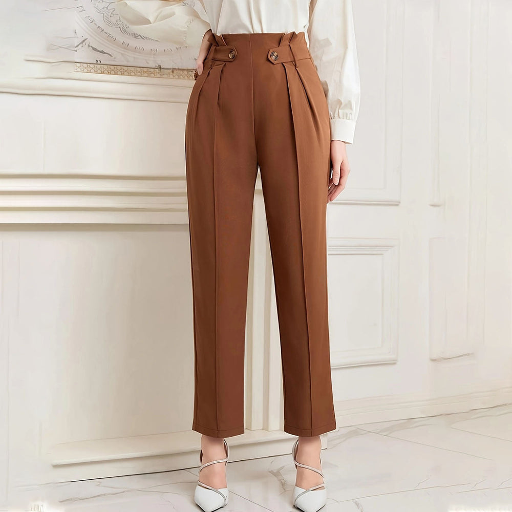 Pantalon femme droit taille haute, coupe élégante longueur cheville, vêtement classique mode, confort et style.