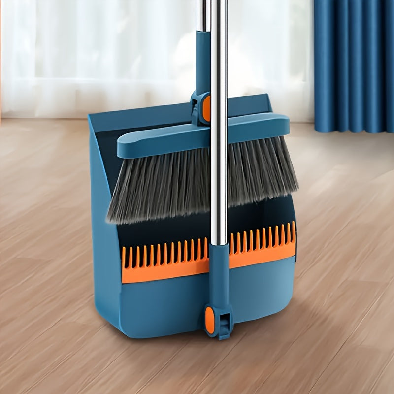 Détail : Tête de balai rotative et pelle à poussière avec dents de peigne. Nettoyage sans effort garanti.