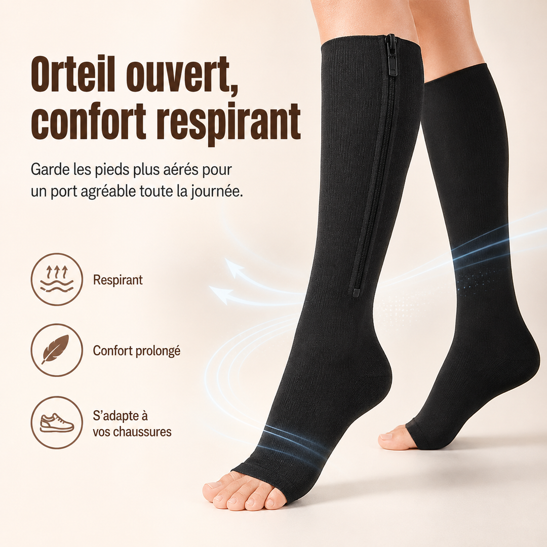 Chaussettes de compression sportives à fermeture éclair, offrant un soutien musculaire pour athlètes et récupération active.