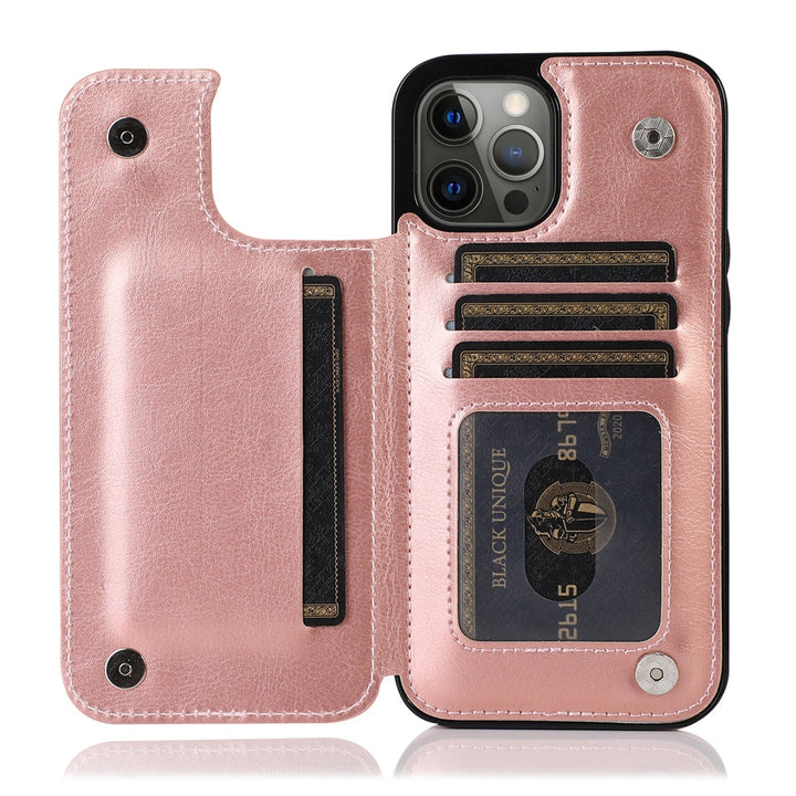 Coque multi-modèles iPhone (12-16) en cuir, porte-cartes et fermeture magnétique.