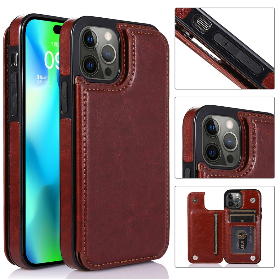 Étui cuir premium pour iPhone, porte-cartes intégré et fermeture magnétique sécurisée.