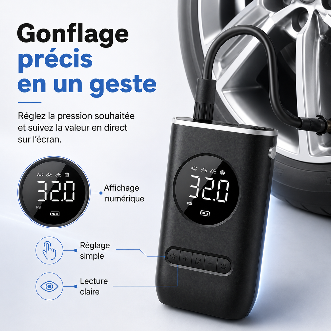 Pompe à pneus portable AirPump 150 PSI avec arrêt automatique. Gonflage précis et sûr de vos pneus.