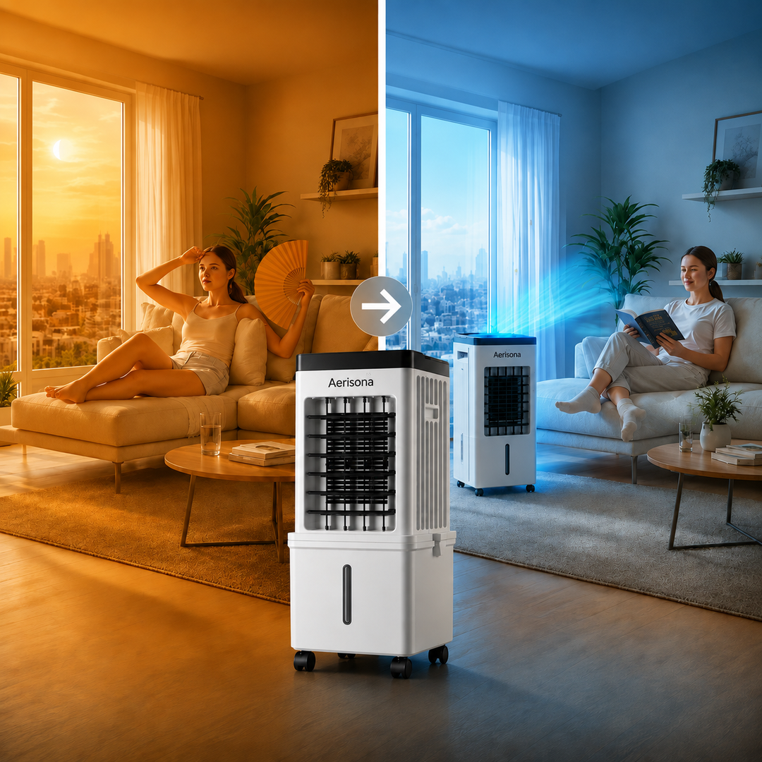Refroidisseur évaporatif mobile avec cristaux de glace. Améliore l'air ambiant pour une fraîcheur optimale.