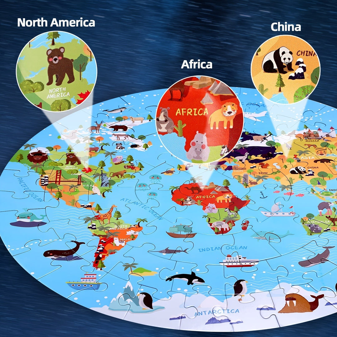Puzzle enfant 70 pièces, carte du monde animaux, jeu éducatif pour la géographie.