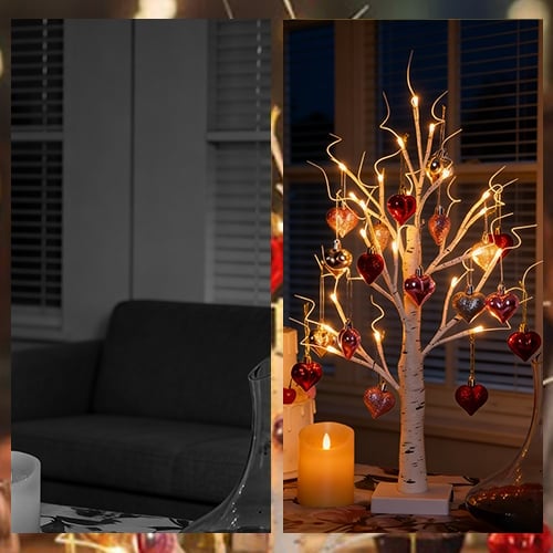 Idée cadeau unique : lampe de table LED bouleau et cœurs lumineux. Créer une ambiance chaleureuse dans le salon.