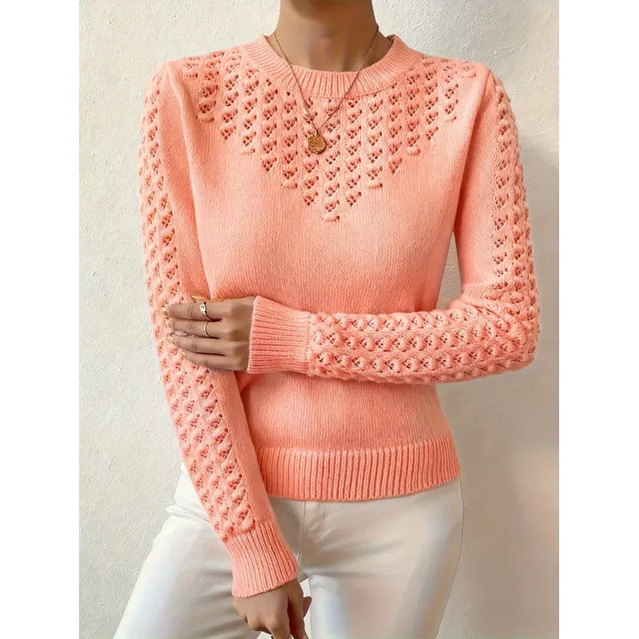 Vêtement femme chic : pull à col rond et maille ajourée. Sa coupe ajustée sublime la silhouette. Idéal hiver.