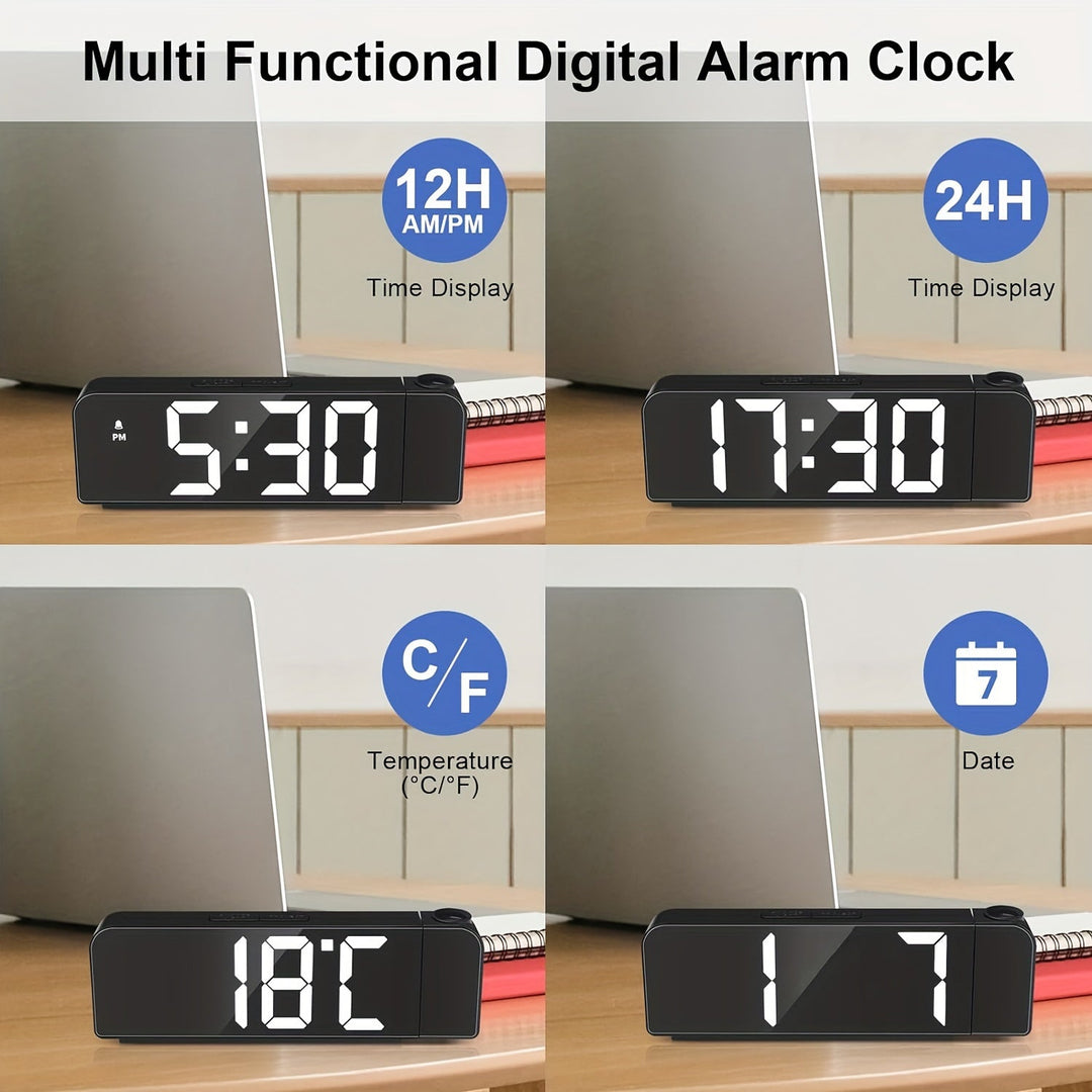 Réveil numérique LED lumineux affichant l'heure, la date et la température sur écran.