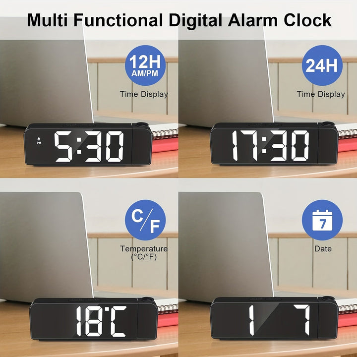 Réveil numérique LED lumineux affichant l'heure, la date et la température sur écran.