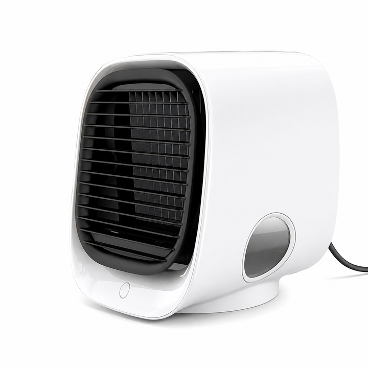 Climatiseur portable USB compact, blanc, parfait pour rafraîchir l'air personnel au bureau ou chambre en été.