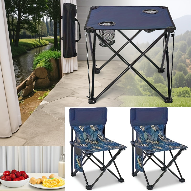 Famille utilisant l'ensemble de table et chaises pliables pour jardin, avec motif oxford, facile à monter pour l'extérieur.