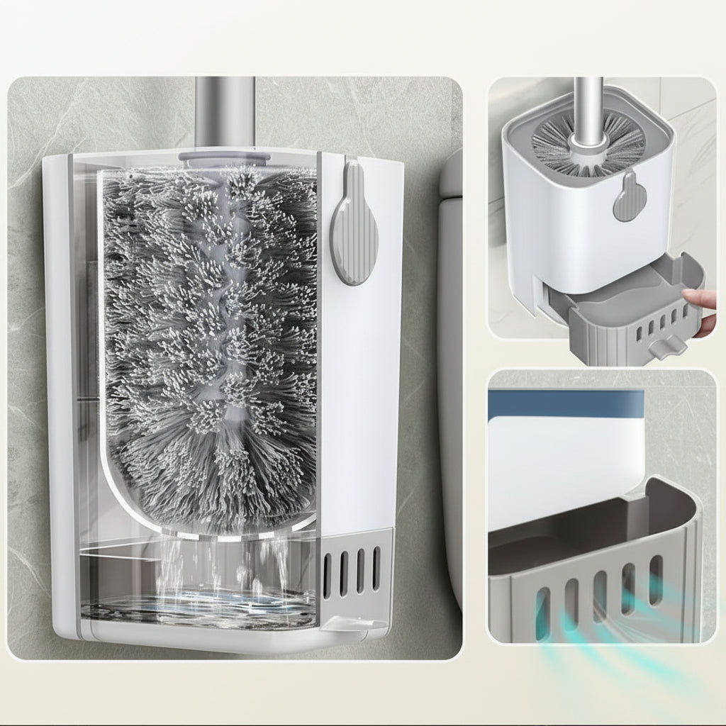 Brosse de toilette grise long manche avec support sans perçage, idéale pour hygiène salle de bain.