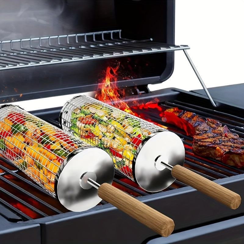 Gril portable compact en acier inoxydable pour feux de camp et camping, idéal cuisson extérieure.