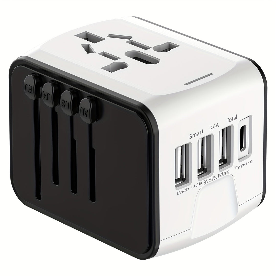 Adaptateur universel pour voyage d'affaires ou de loisirs, charge rapide avec ports USB et Type-C.