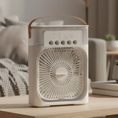 Humidificateur ventilateur portable 2-en-1 compact pour bureau, rafraîchit et humidifie l'air ambiant.