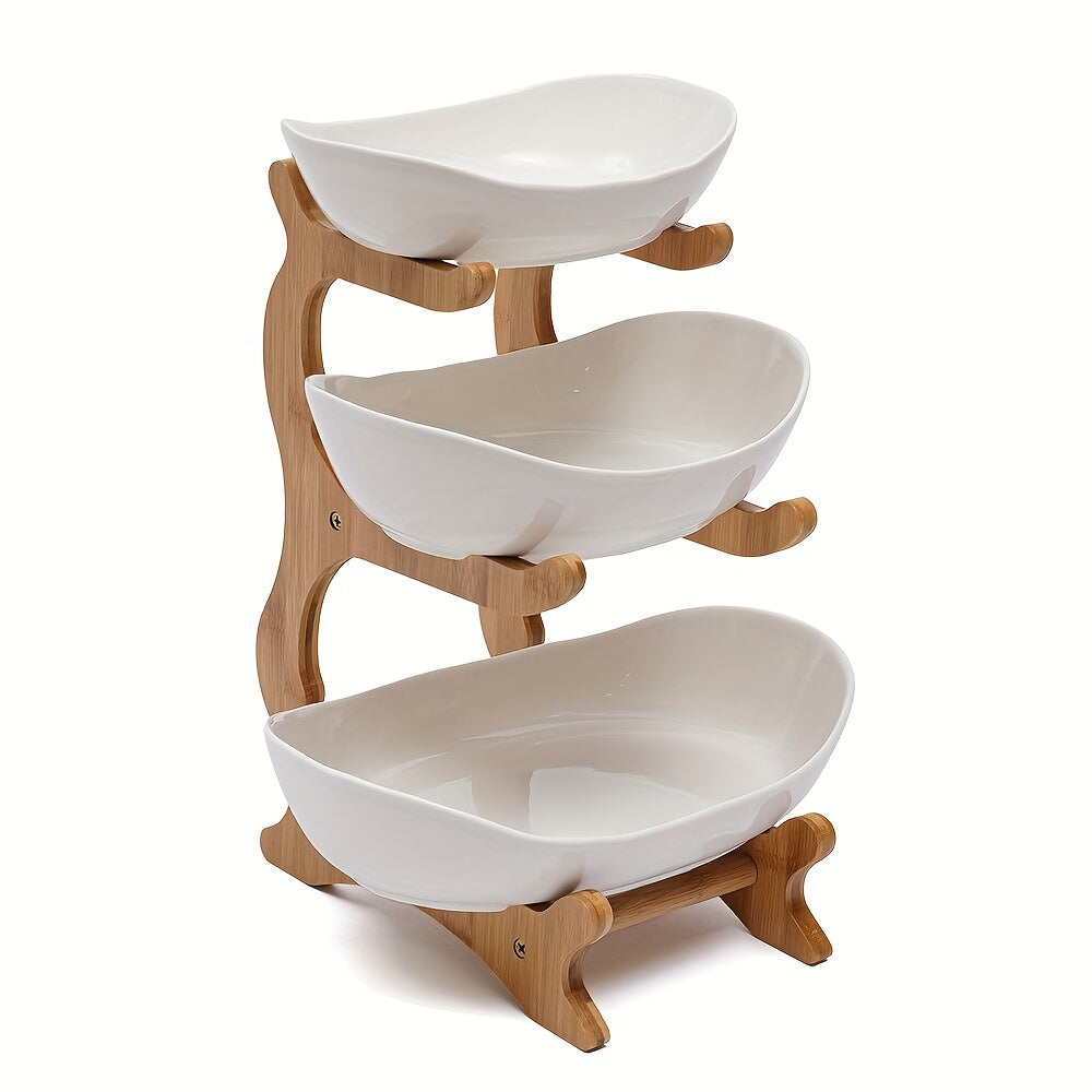 Panier à fruits et légumes 3 étages avec plateaux céramique et structure bois, idéal pour cuisine.