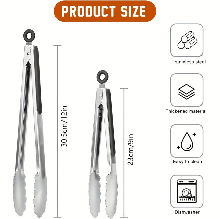 Pinces de cuisine en inox avec embouts silicone, parfaites pour saisir les aliments chauds sans les abîmer.