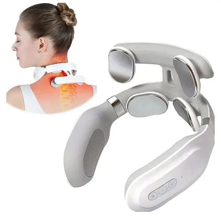 Masseur de cou portable offrant relaxation profonde, chaleur apaisante et vibrations douces.