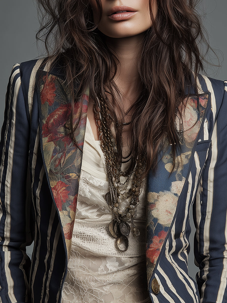 Blazer élégant floral vintage, rayé, style bohème pour femme moderne, parfait pour toute occasion.