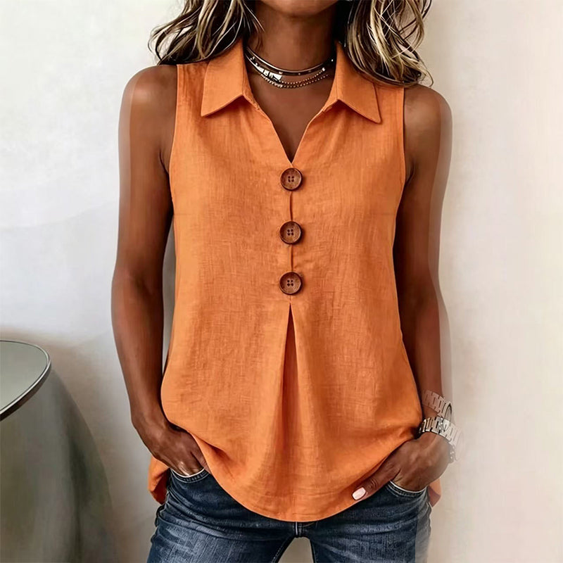 Haut femme estival en coton léger, chemise sans manches avec boutons, mode d'été chic.