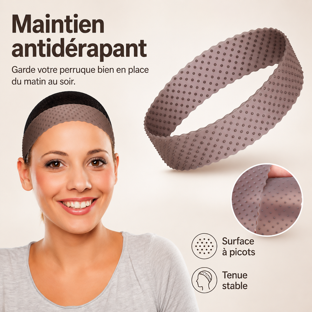 Bandeau réutilisable pour perruque, fixation sûre et confort optimal sans glissement.
