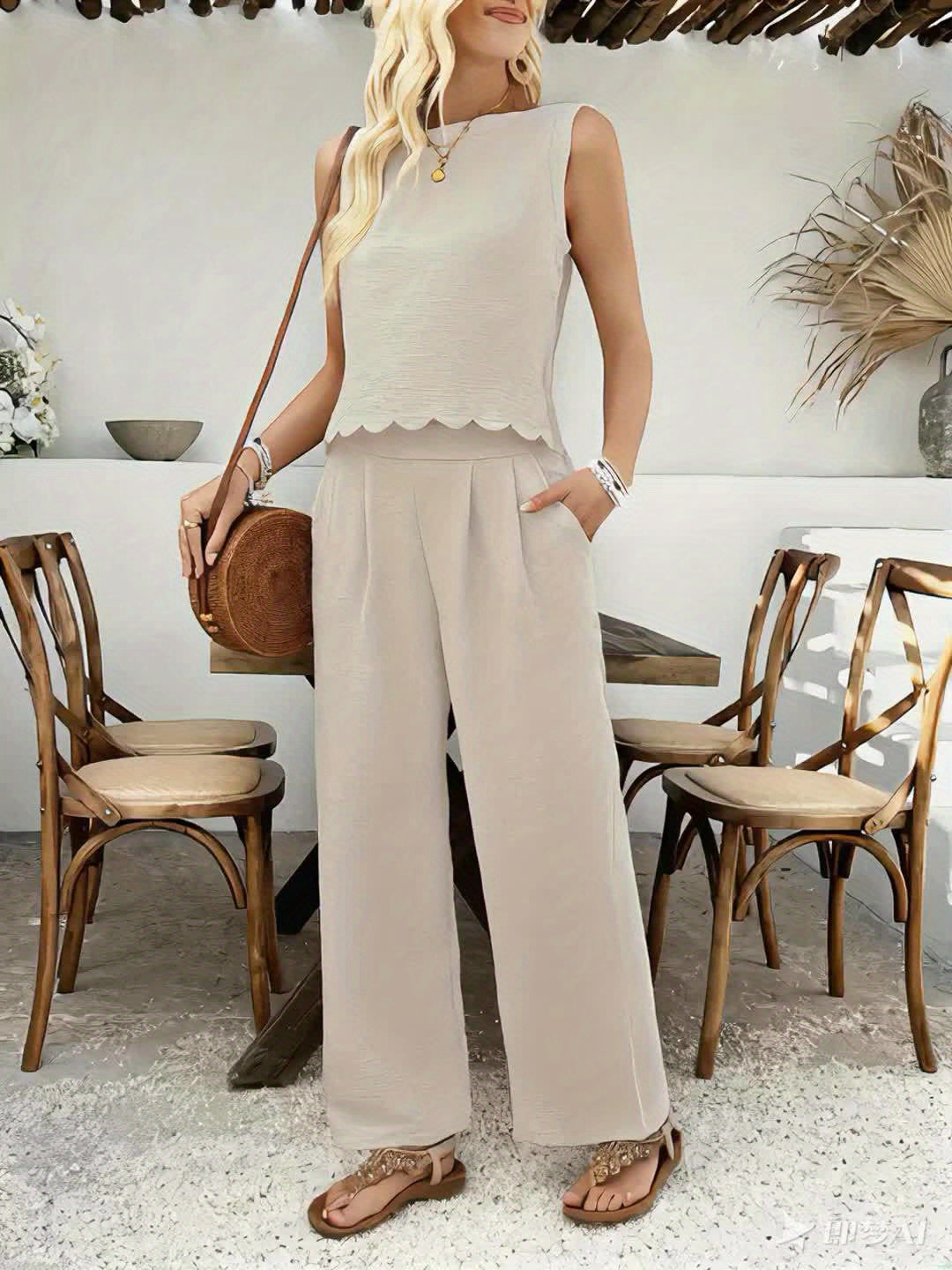 Ensemble 2 pièces femme pour un look printanier chic et décontracté. Gilet élégant et pantalon pétale polyvalent.