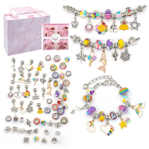 Kit création bracelets DIY pour filles, avec perles colorées et breloques variées.