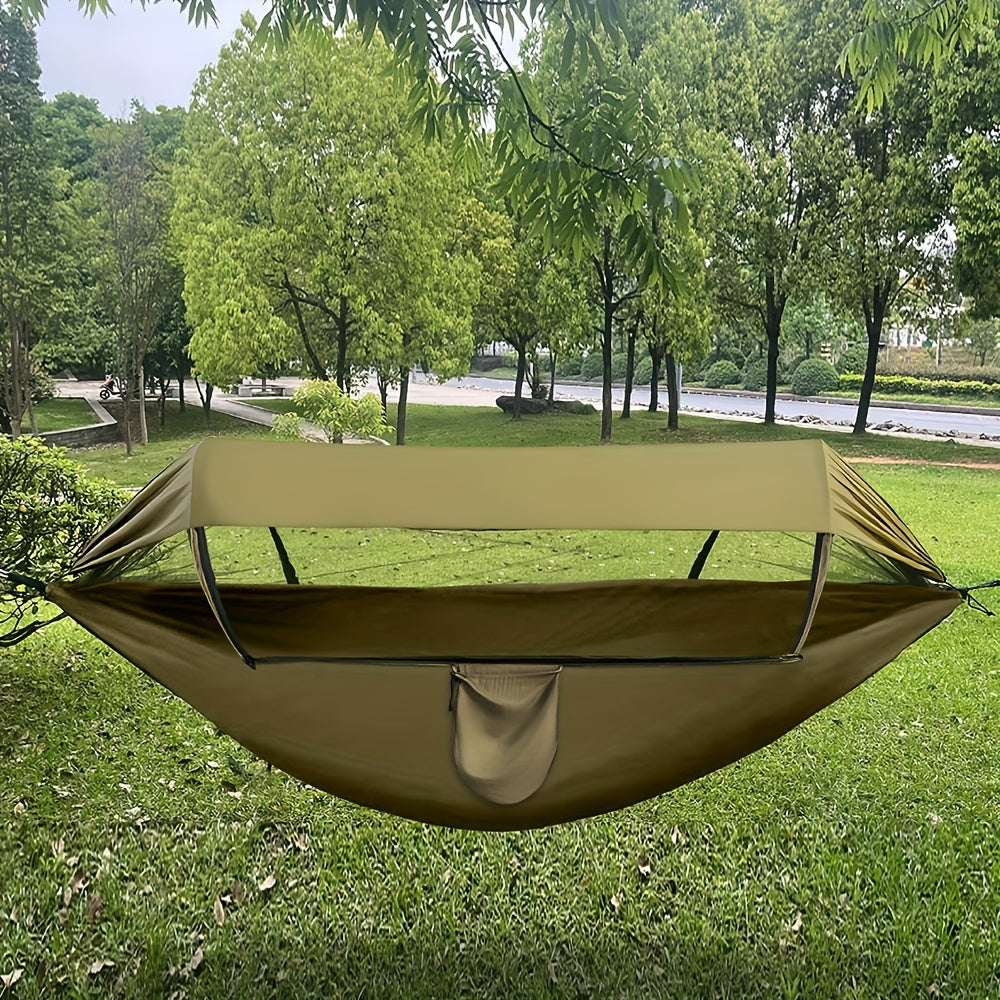 Hamac portable 3-en-1 en nylon, vert armée, offrant confort et relaxation pour vos aventures en plein air.