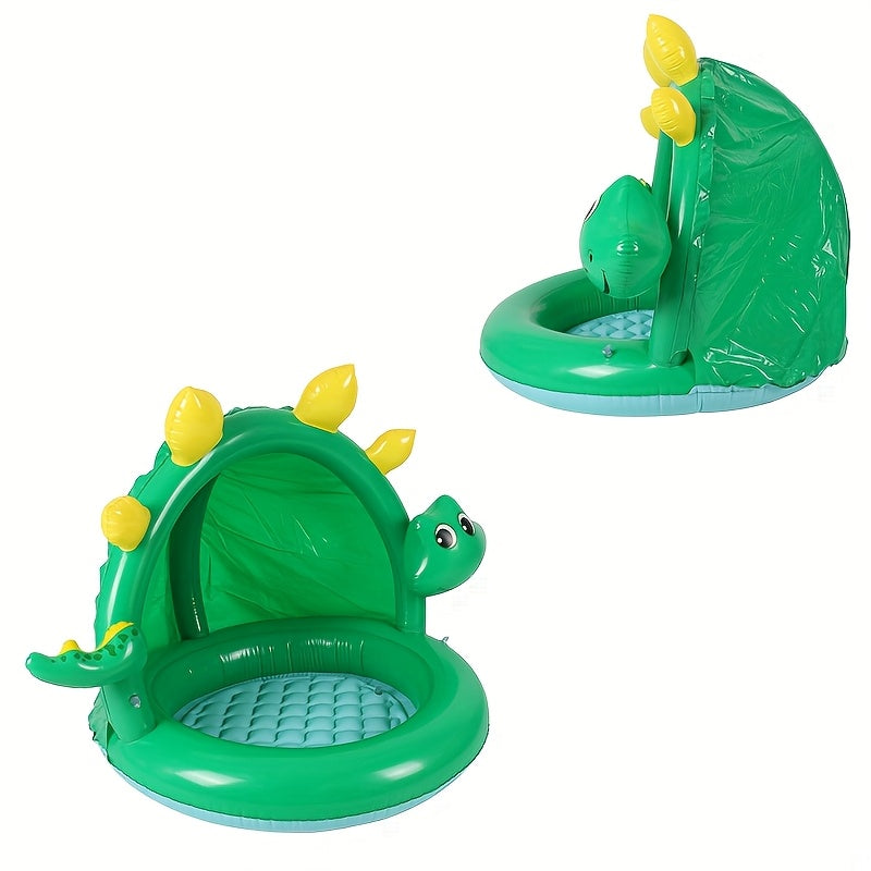 Vue détaillée de la piscine gonflable dinosaure en PVC pour bébé avec son parasol intégré au jardin.