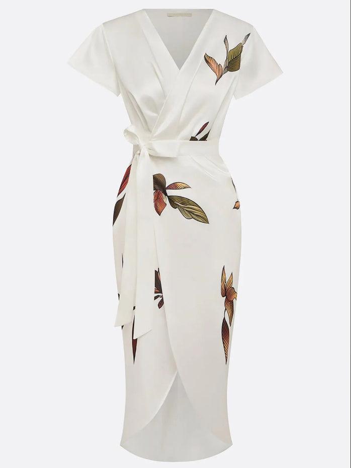 Robe élégante midi portefeuille femme, imprimé floral tendance, manches courtes. Idéale pour un look chic de jour ou soirée.