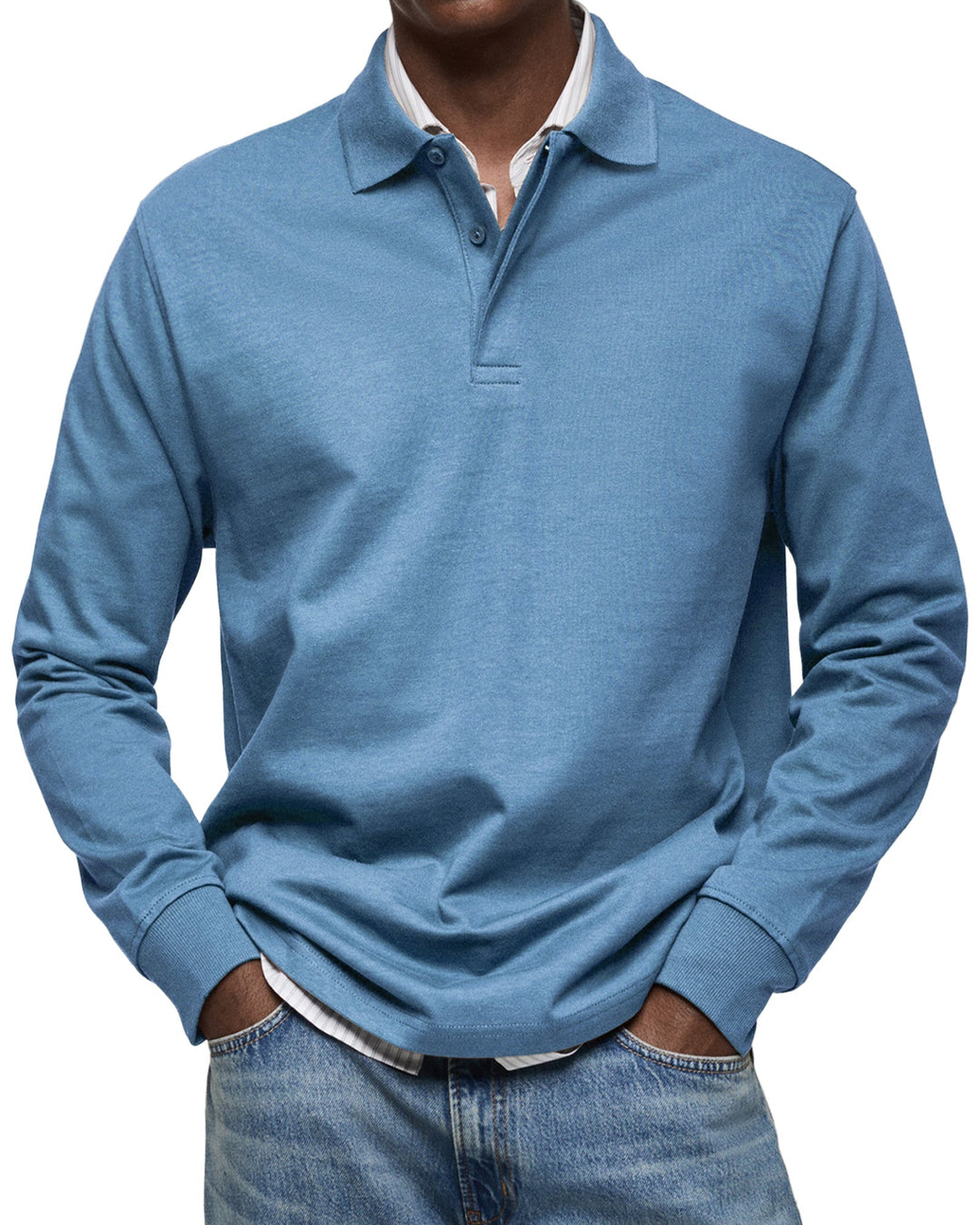 Chemise polo homme à manches longues bleu marine, élégante et confortable pour un look quotidien chic.