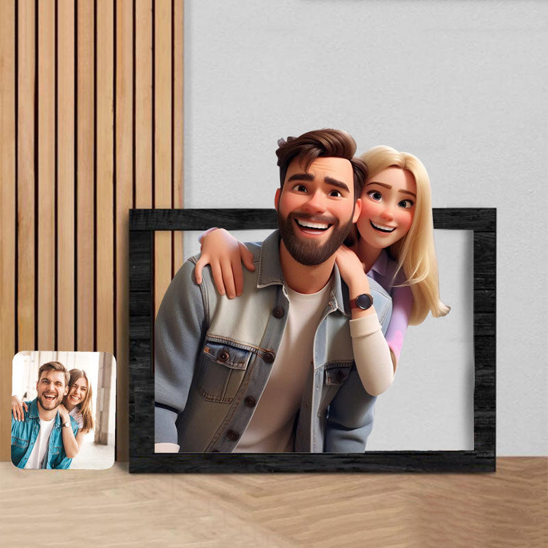 Cadre photo personnalisé effet 3D cartoon, idéal pour magnifier vos souvenirs de famille. Design unique.
