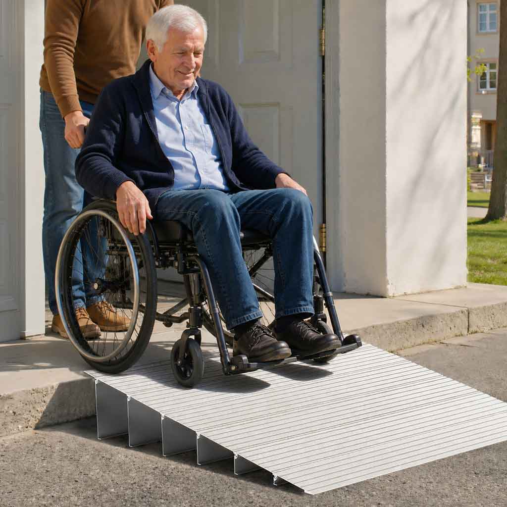Rampe de seuil robuste pour fauteuil roulant, assure mobilité et accessibilité aux personnes à mobilité réduite.