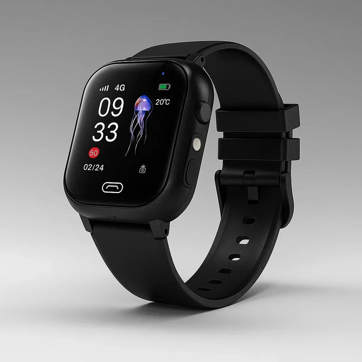 Montre connectée enfant GPS 4G, design ergonomique, étanche, idéale pour jeux en extérieur et appels vidéo.