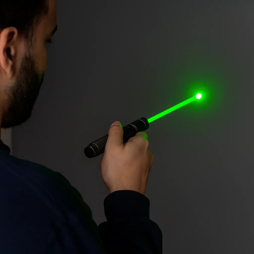 Pointeur laser vert puissant et torche longue portée en aluminium, rechargeable, idéal extérieur.