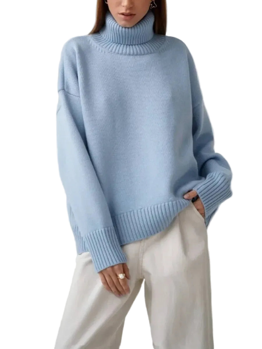 Pull femme oversize, col roulé, manches longues, style décontracté pour confort hivernal.