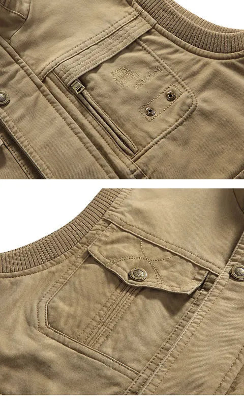 Gilet homme rétro multi-poches kaki, idéal pour l'extérieur, style veston fonctionnel et chic.