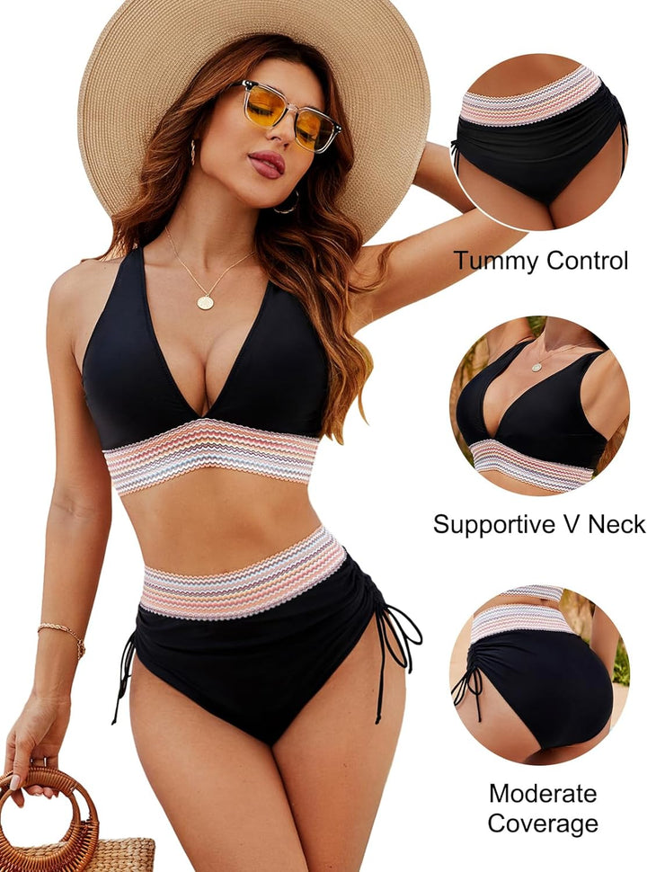 Bikini femme taille haute, sculptant et confortable, parfait pour l'été à la piscine. Tendance.