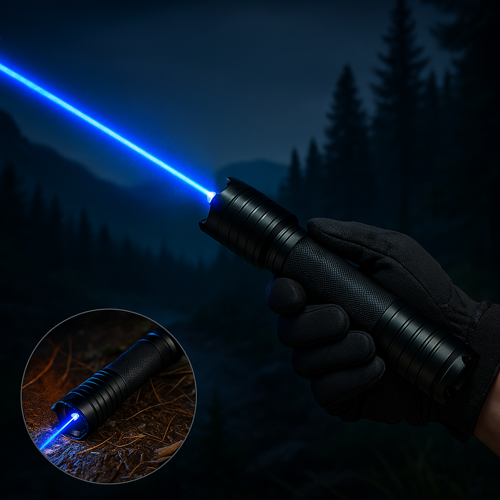 Torche laser bleue tactique en action, projetant une lumière puissante pour explorer la nature et la survie.