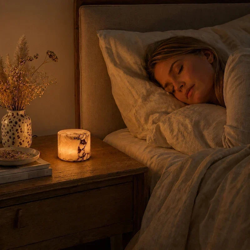 Lampe de chevet en marbre pour un éclairage doux et rechargeable. Crée une ambiance cosy au salon.